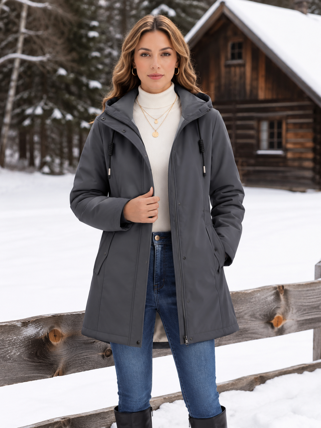 Women's Sherpa-Lined Hooded Parka with Drawstring Waist, Grey, view 4
