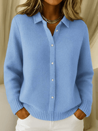 Women's Shirt Collar Knit Cardigan with Button Front, Blue, view 1