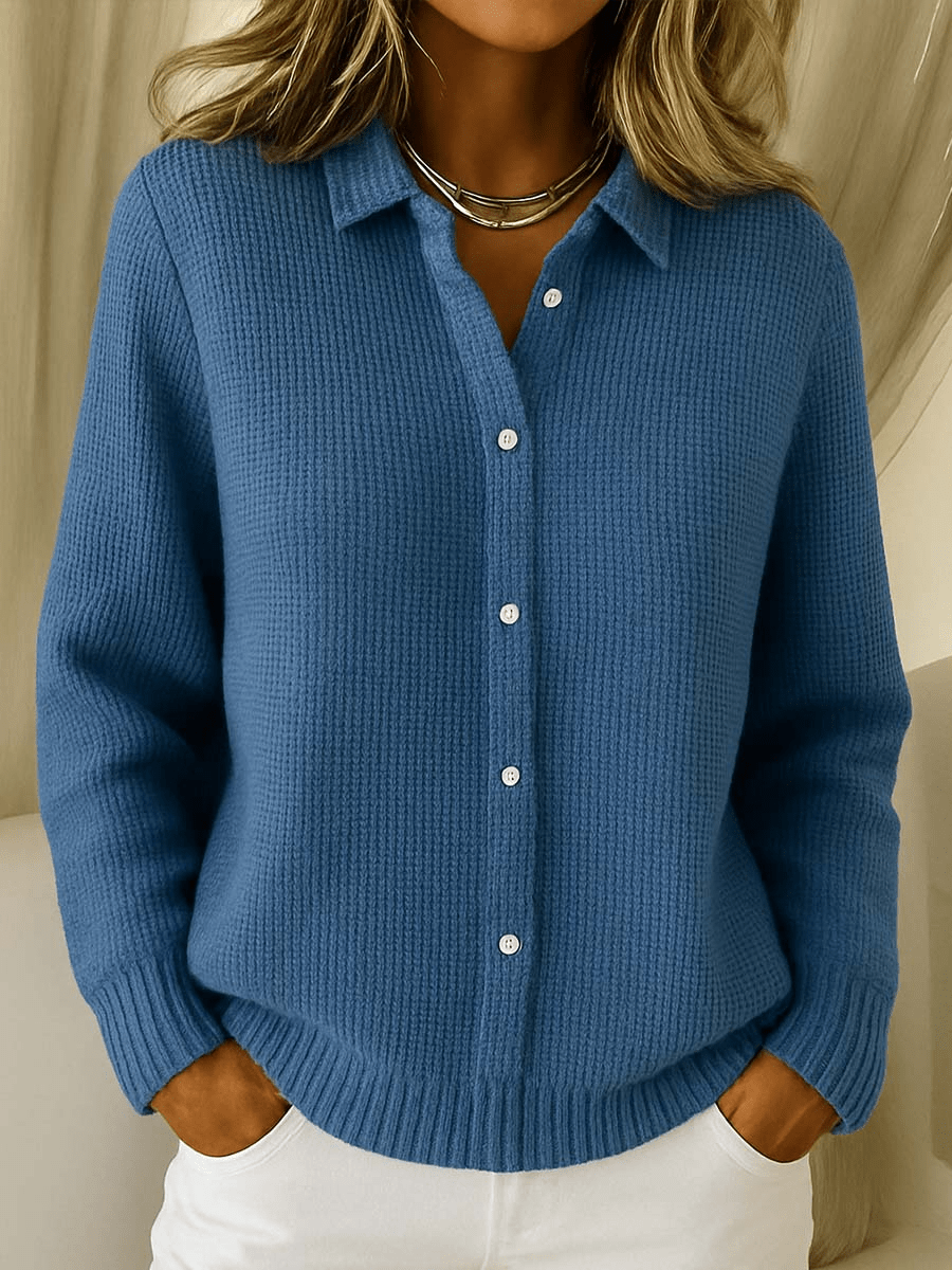 Women's Shirt Collar Knit Cardigan with Button Front, Dark Blue, view 2