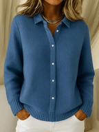 Women's Shirt Collar Knit Cardigan with Button Front, Dark Blue, view 2