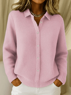 Women's Shirt Collar Knit Cardigan with Button Front, Pink, view 3