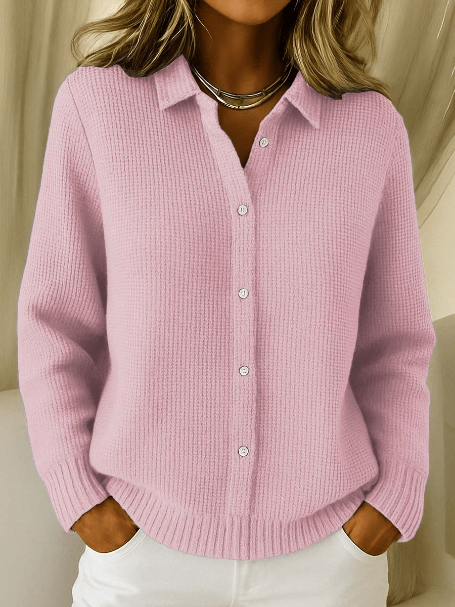 Women's Shirt Collar Knit Cardigan with Button Front, Pink, view 3