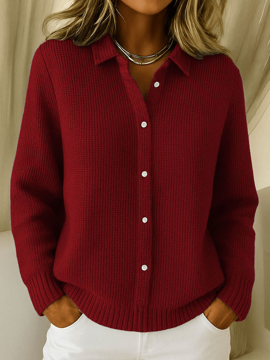 Women's Shirt Collar Knit Cardigan with Button Front, Burgundy, view 4