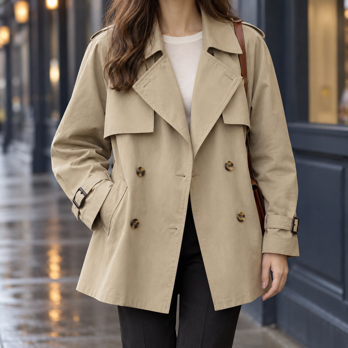 Women's Short Double-Breasted Trench Coat with Buckled Cuffs, Khaki, view 1