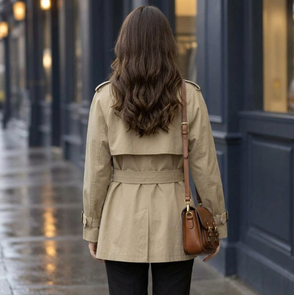 Women's Short Double-Breasted Trench Coat with Buckled Cuffs, view 3