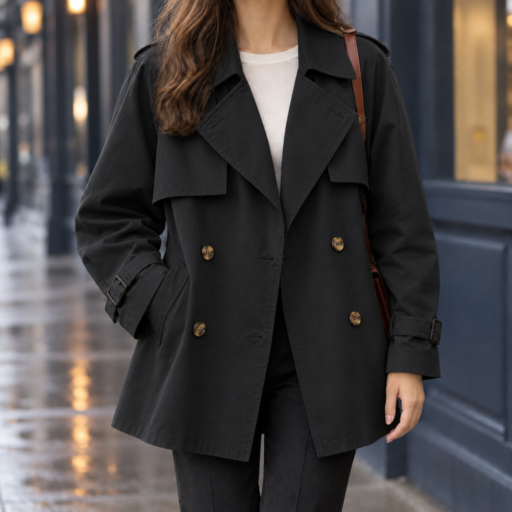 Women's Short Double-Breasted Trench Coat with Buckled Cuffs, Black, view 4