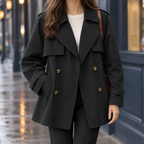 Women's Short Double-Breasted Trench Coat with Buckled Cuffs, Black, view 4