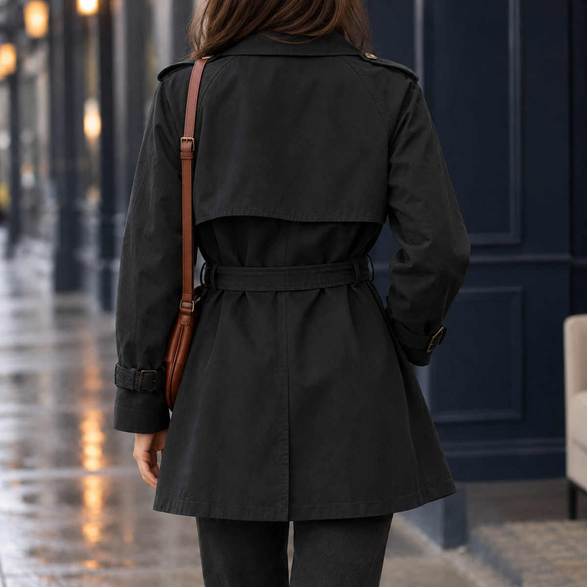 Women's Short Double-Breasted Trench Coat with Buckled Cuffs, view 5