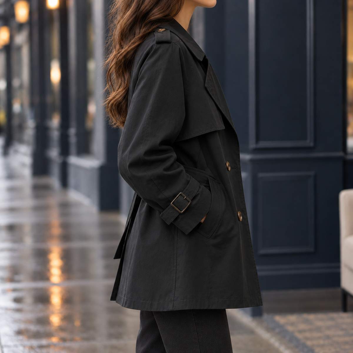 Women's Short Double-Breasted Trench Coat with Buckled Cuffs, view 6