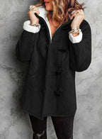 Women's Short Hooded Duffle Coat with Sherpa Lining, Black, view 1