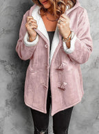 Women's Short Hooded Duffle Coat with Sherpa Lining, Pink, view 2