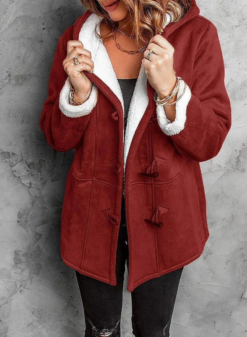 Women's Short Hooded Duffle Coat with Sherpa Lining, Dark Red, view 3