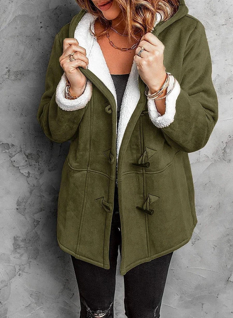 Women's Short Hooded Duffle Coat with Sherpa Lining, Olive Green, view 6