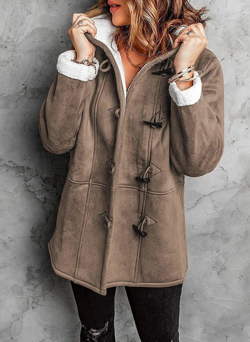Women's Short Hooded Duffle Coat with Sherpa Lining, Khaki, view 7