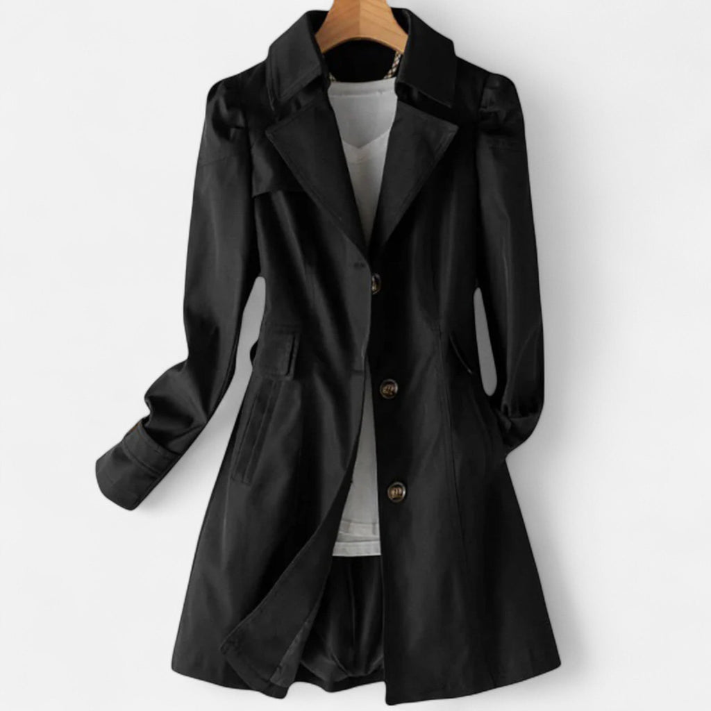 Women's Single-Breasted Longline Trench Coat, Black, view 4