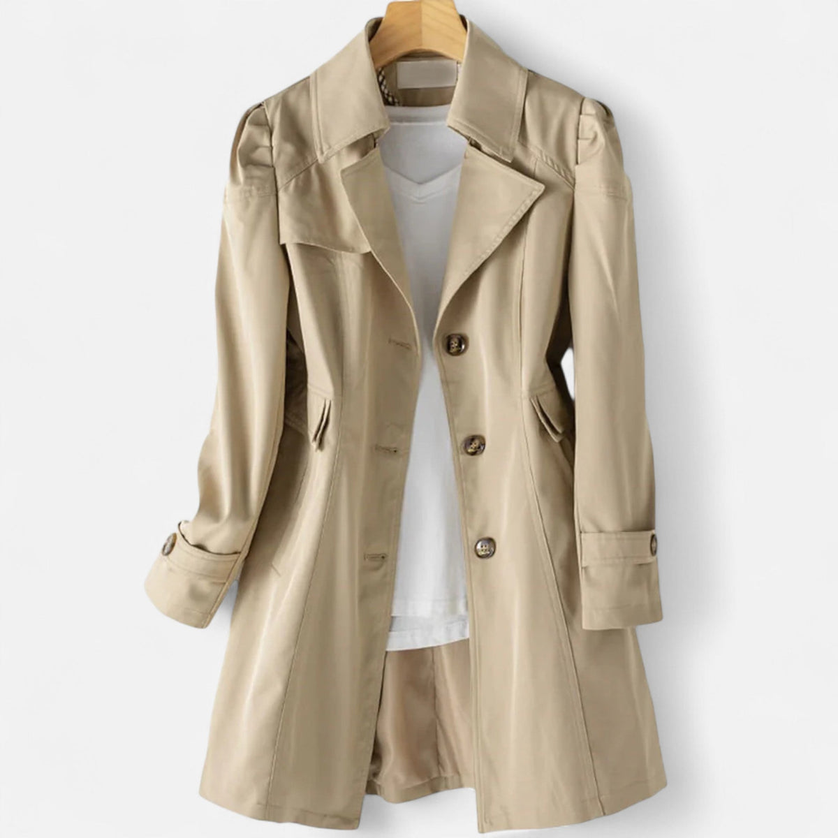 Women's Single-Breasted Longline Trench Coat, Khaki, view 6