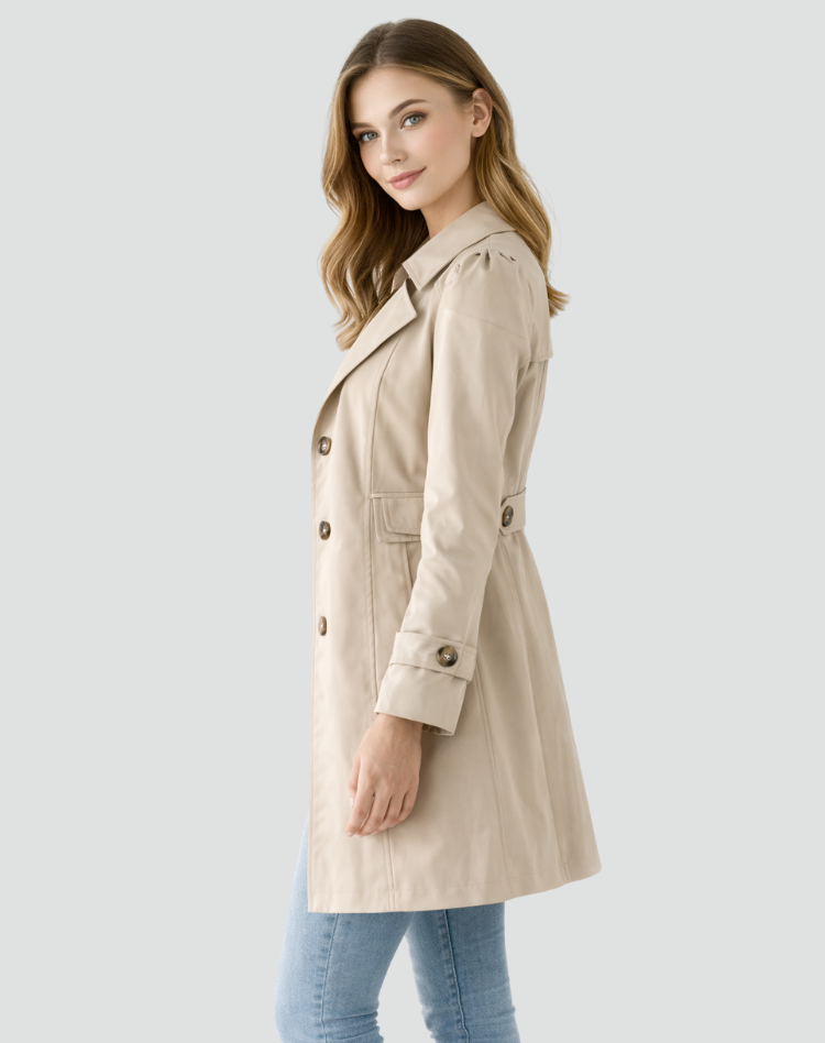 Women's Single-Breasted Trench Coat with Gold-Tone Buttons, view 3