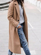 Women's Single-Button Long Coat with Wide Lapels, Khaki, view 1