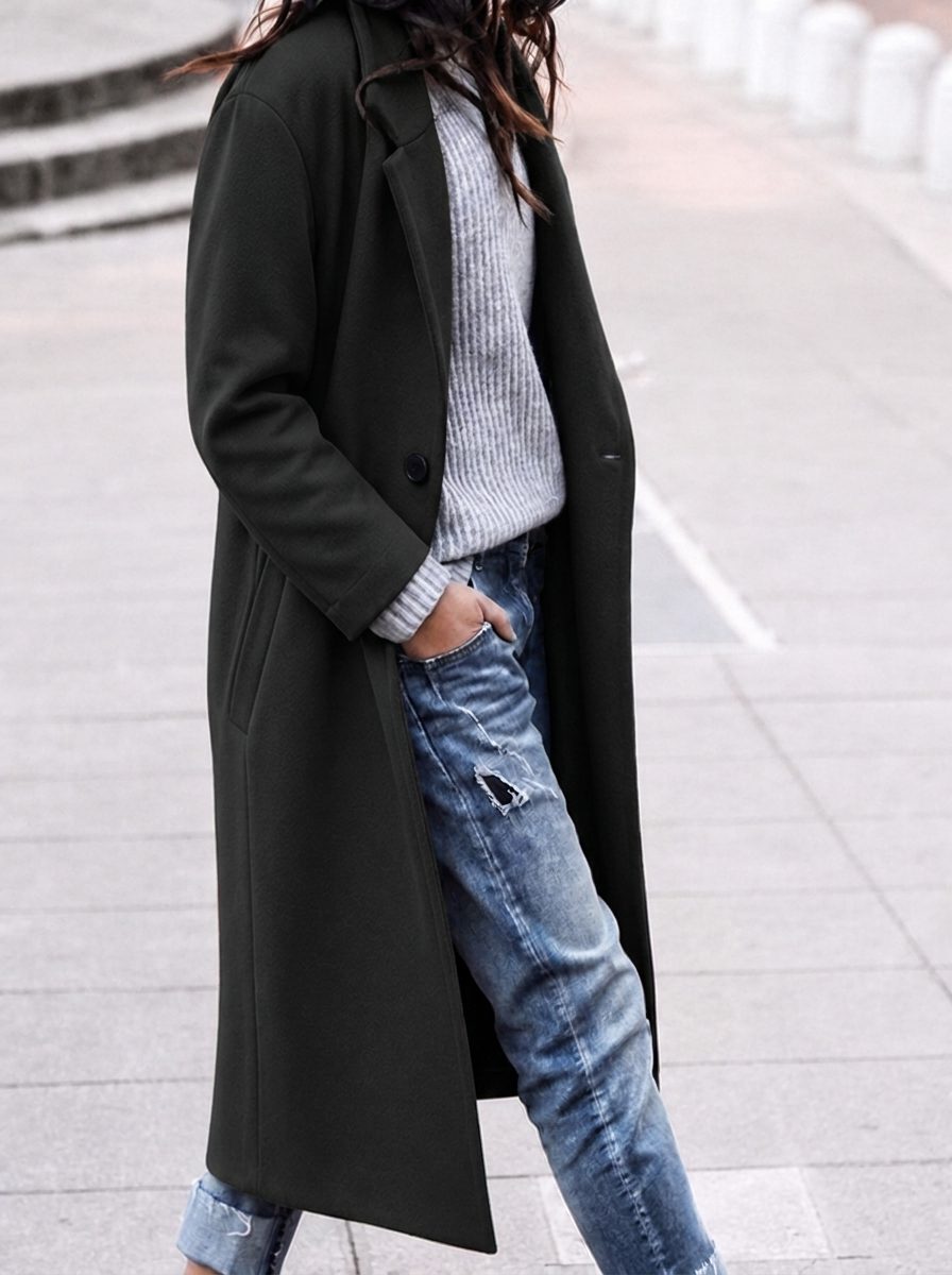 Women's Single-Button Long Coat with Wide Lapels, Black, view 2