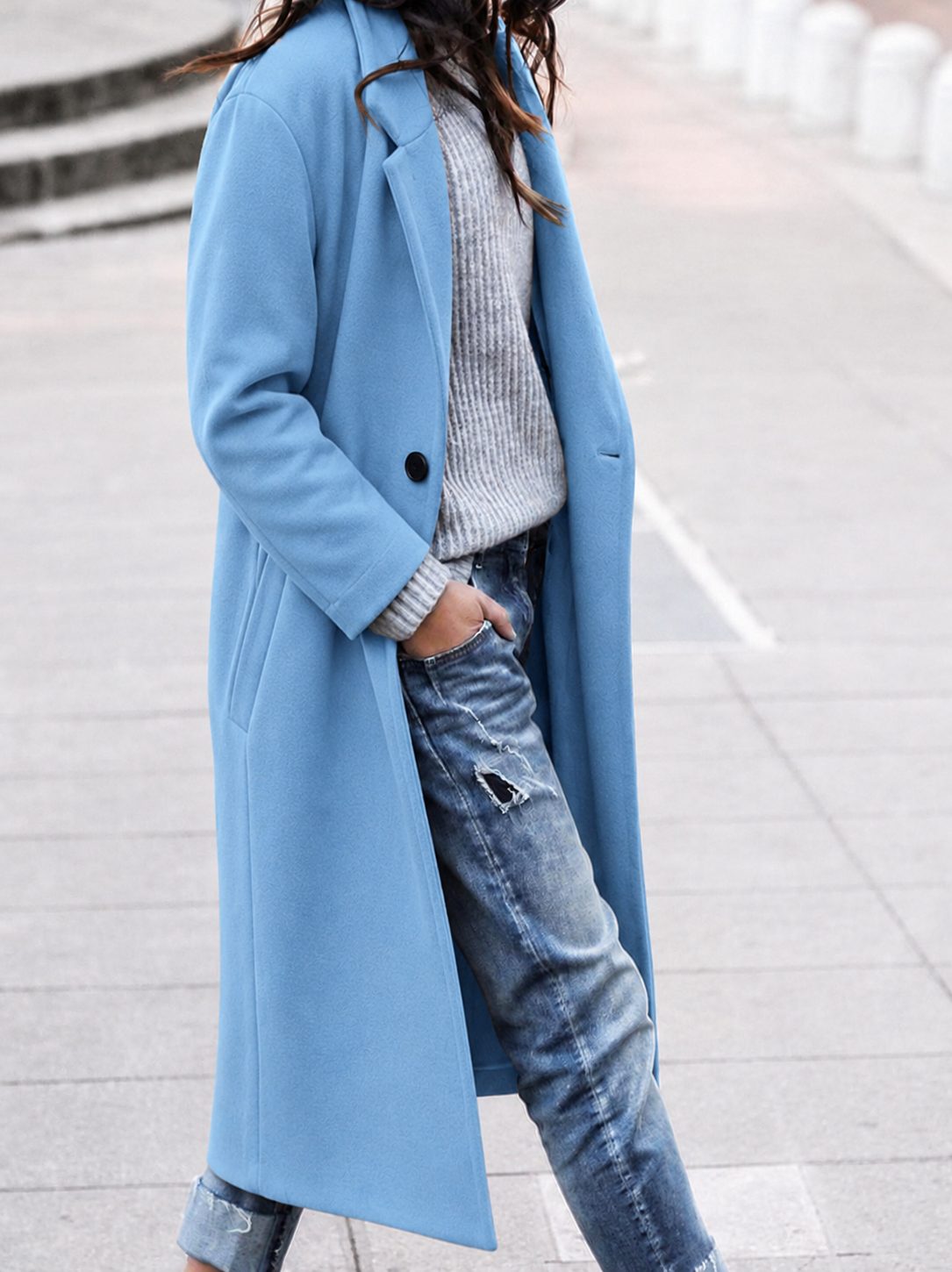 Women's Single-Button Long Coat with Wide Lapels, Blue, view 3