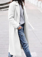 Women's Single-Button Long Coat with Wide Lapels, White, view 4