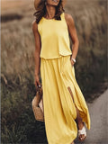 Women's Sleeveless Blouson Maxi Dress with Side Slits, Yellow, view 1
