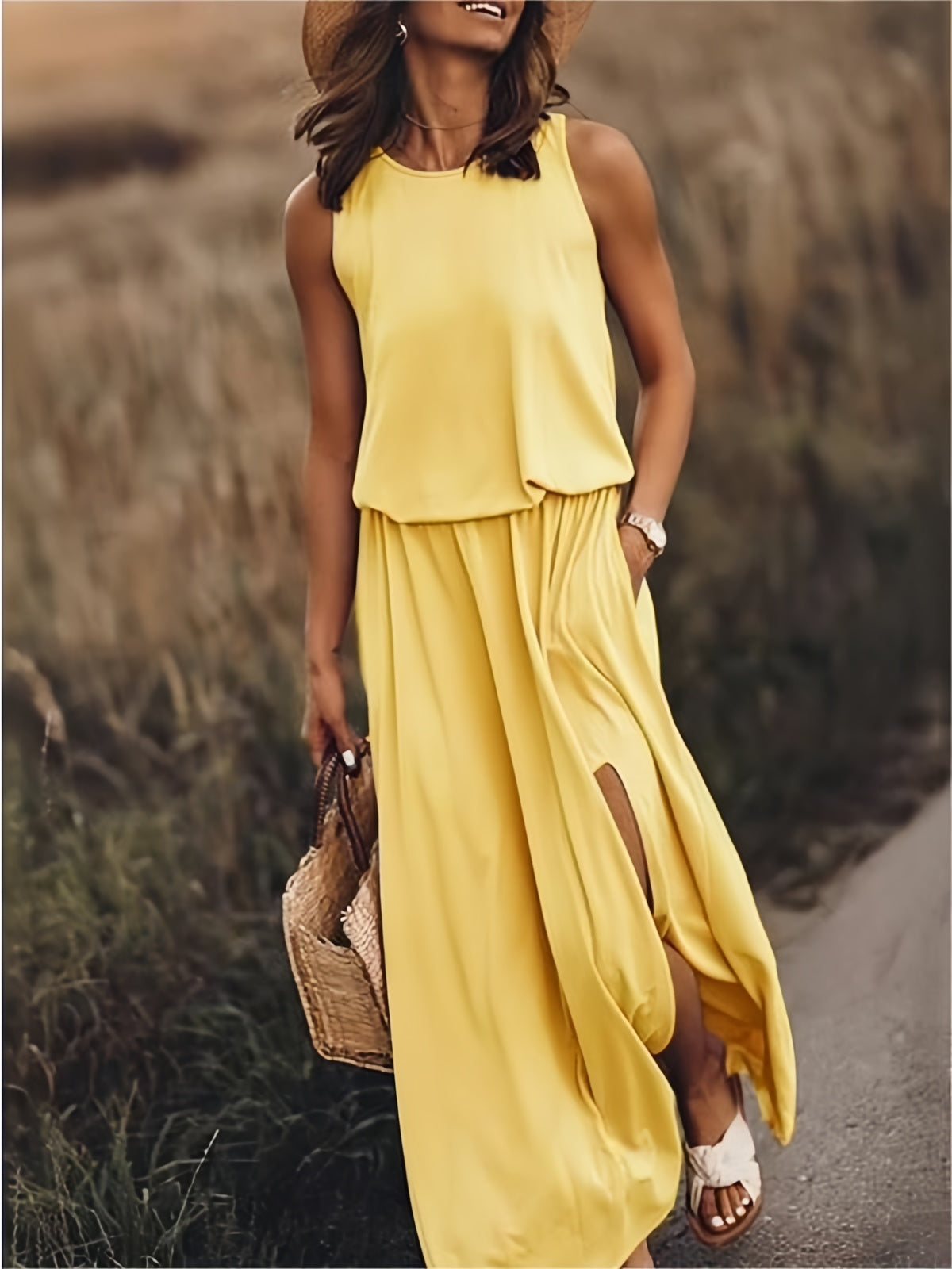 Women's Sleeveless Blouson Maxi Dress with Side Slits, Yellow, view 1