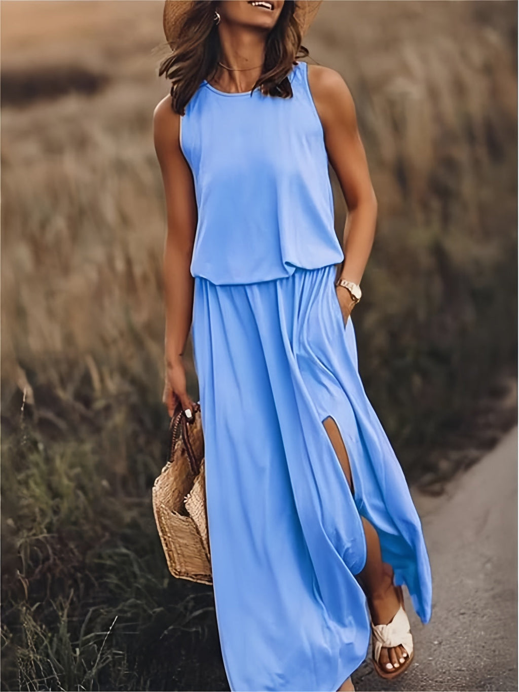 Women's Sleeveless Blouson Maxi Dress with Side Slits, Blue, view 2