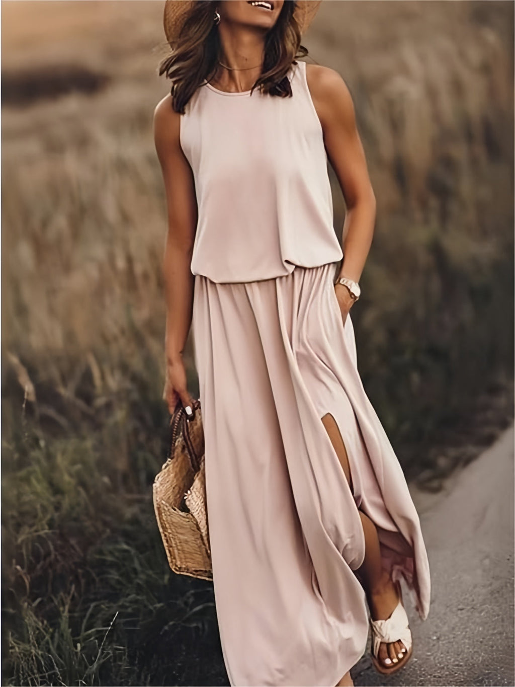 Women's Sleeveless Blouson Maxi Dress with Side Slits, Pink, view 3