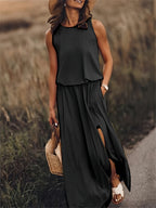 Women's Sleeveless Blouson Maxi Dress with Side Slits, Black, view 4
