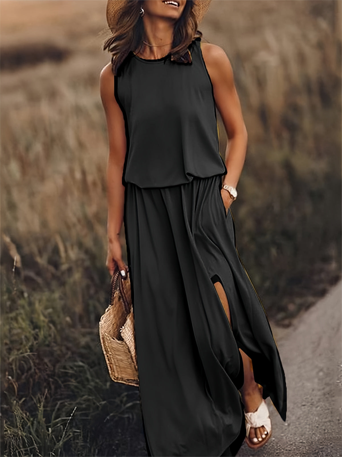 Women's Sleeveless Blouson Maxi Dress with Side Slits, Black, view 4