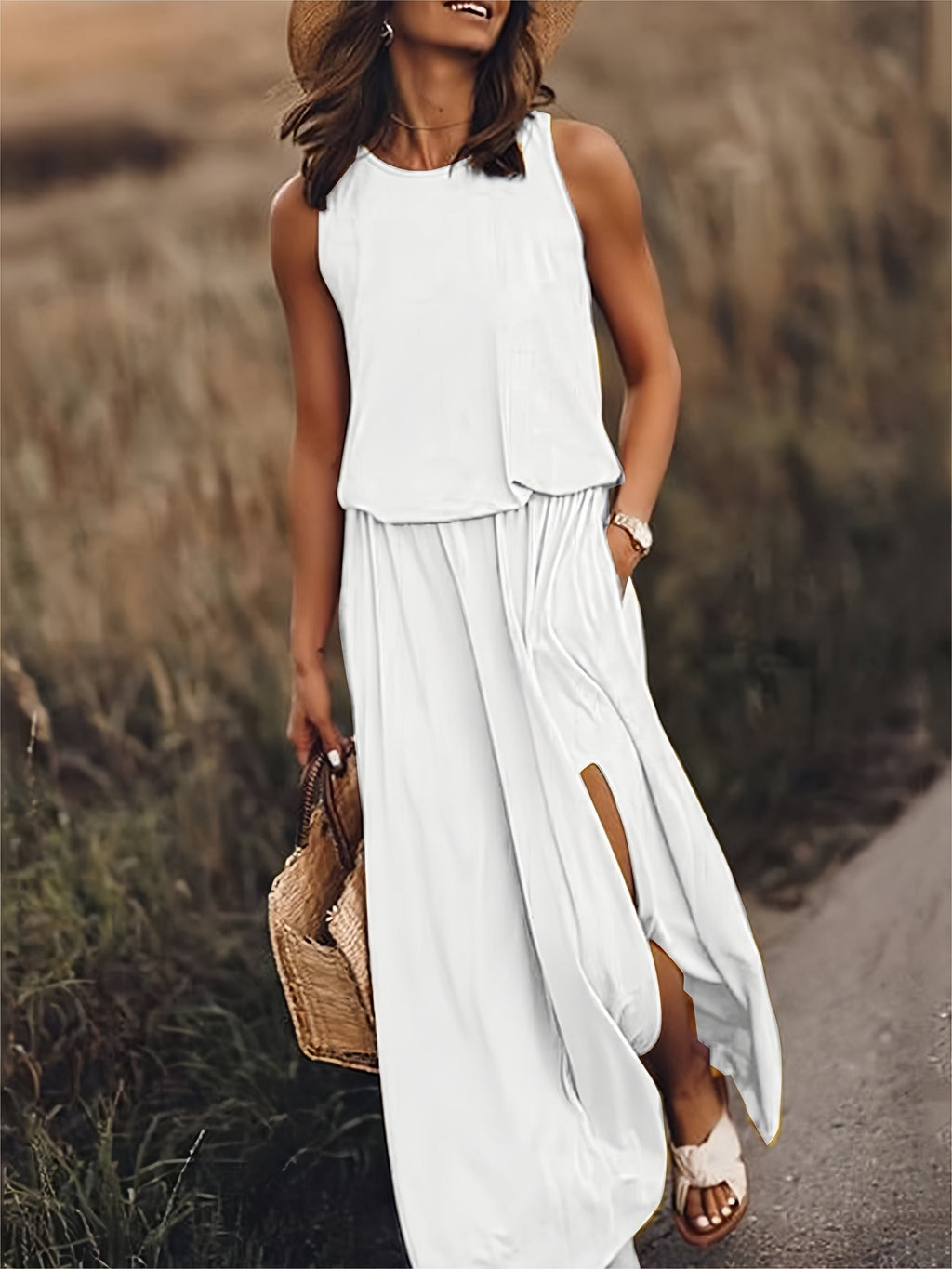 Women's Sleeveless Blouson Maxi Dress with Side Slits, White, view 5