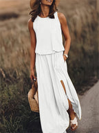 Women's Sleeveless Blouson Maxi Dress with Side Slits, White, view 5