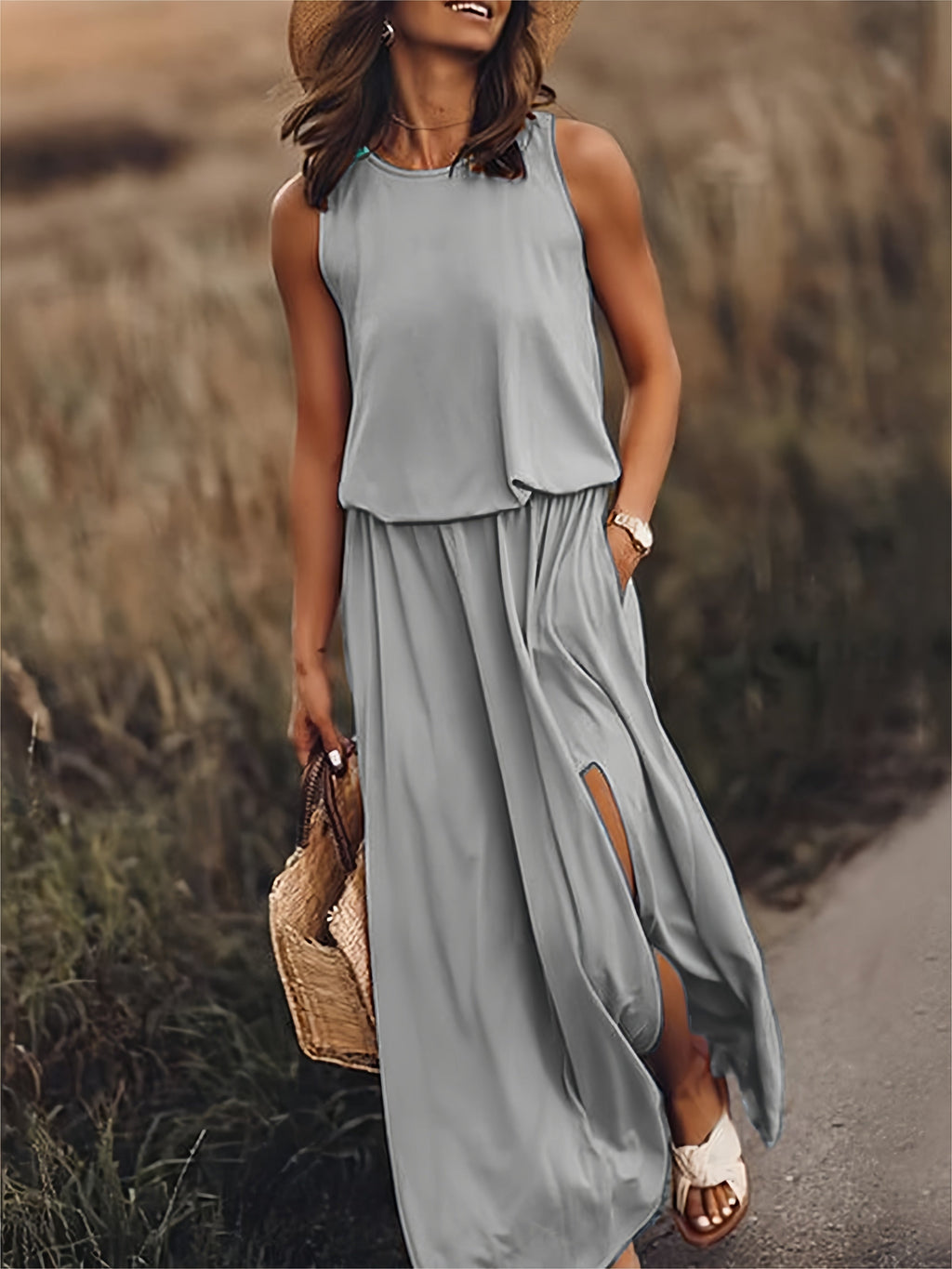Women's Sleeveless Blouson Maxi Dress with Side Slits, Grey, view 6