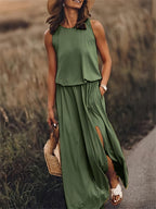 Women's Sleeveless Blouson Maxi Dress with Side Slits, Army Green, view 7