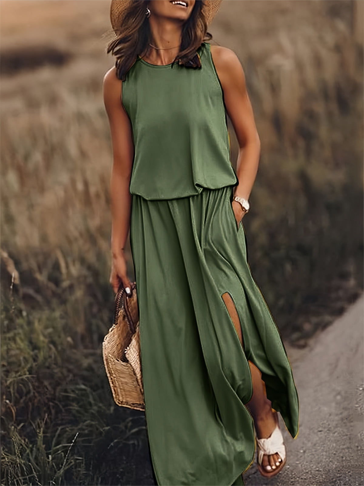 Women's Sleeveless Blouson Maxi Dress with Side Slits, Army Green, view 7
