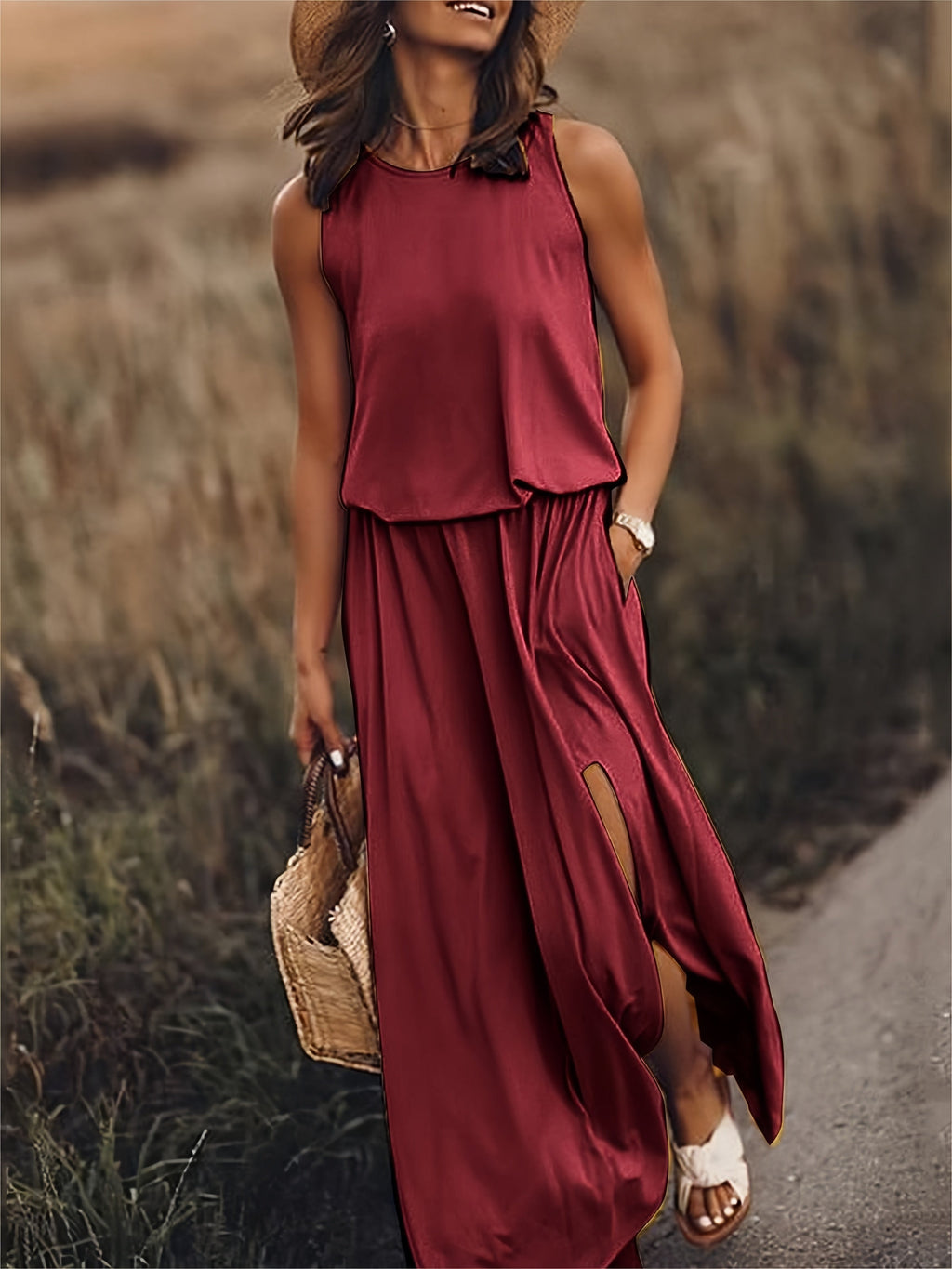 Women's Sleeveless Blouson Maxi Dress with Side Slits, Red, view 8
