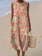 Women's Sleeveless Printed Midi Dress with Round Neck, Orange, view 2