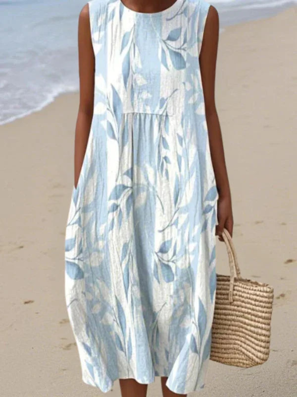 Women's Sleeveless Printed Midi Dress with Round Neck, Floral Blue, view 3