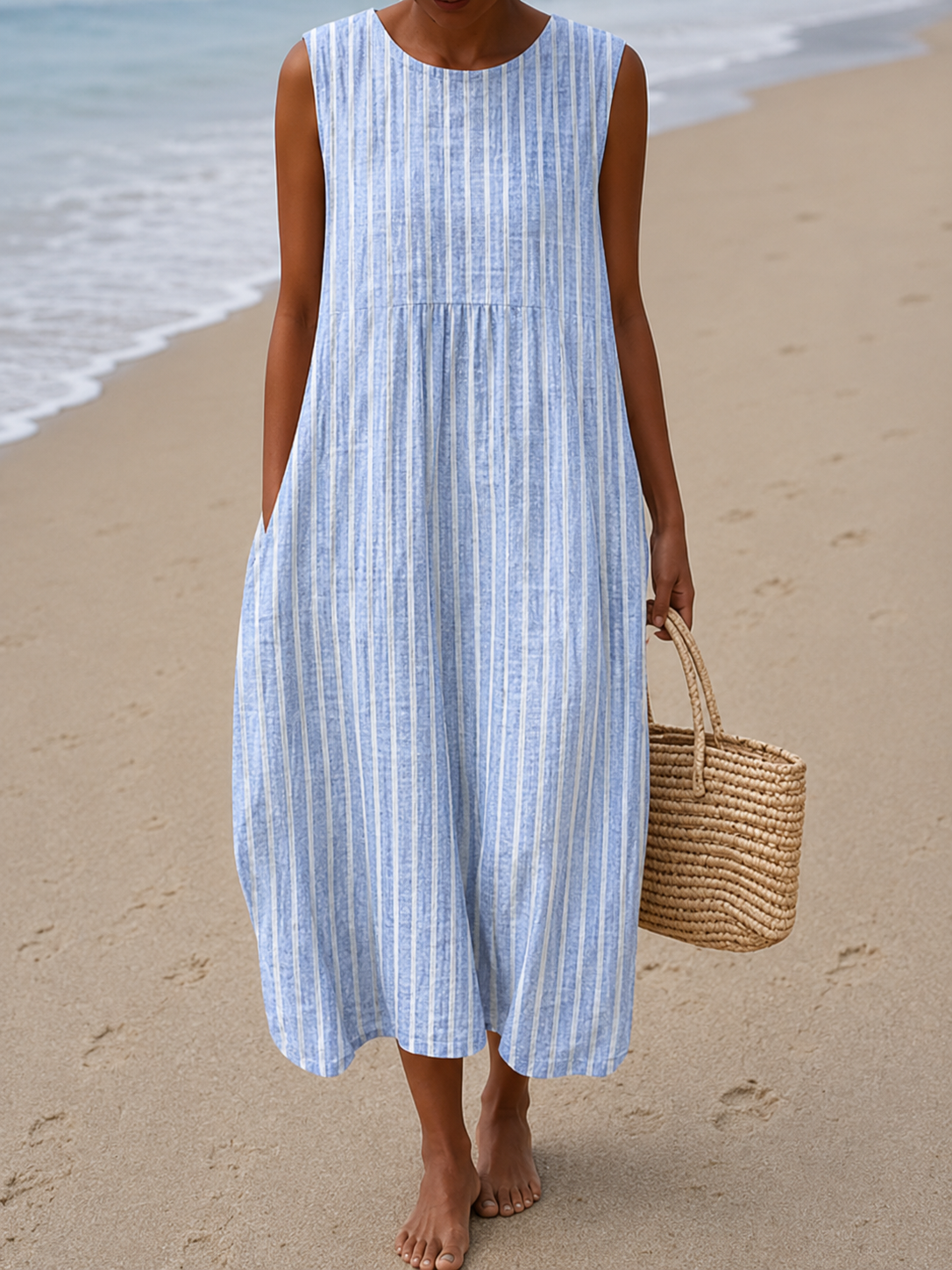 Women's Sleeveless Printed Midi Dress with Round Neck, Striped Blue, view 4