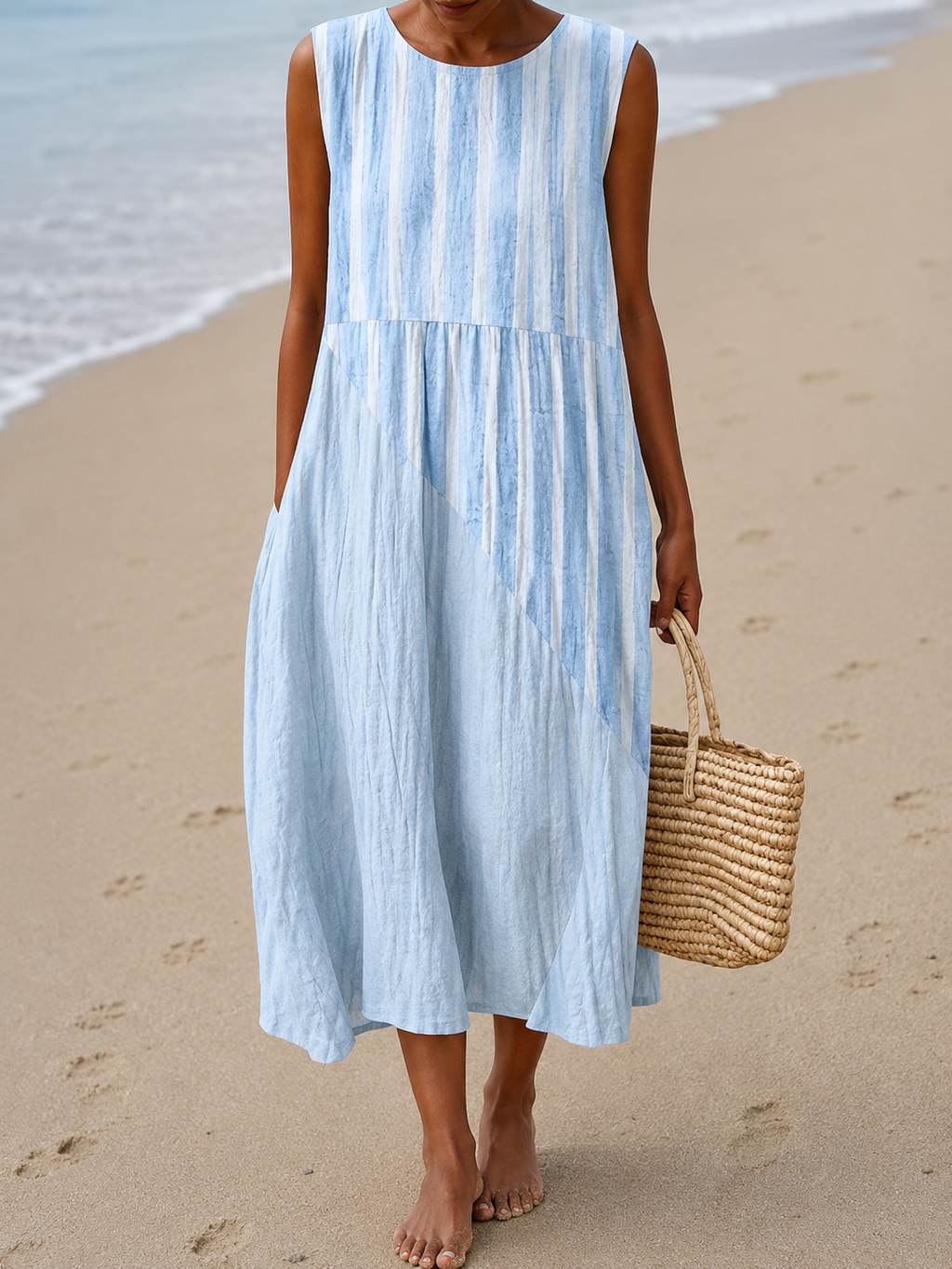 Women's Sleeveless Printed Midi Dress with Round Neck, Blue, view 5