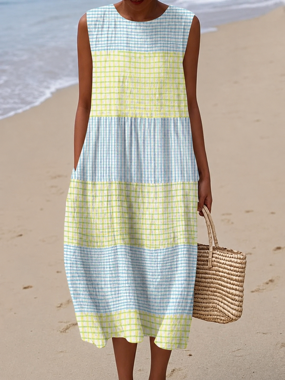 Women's Sleeveless Printed Midi Dress with Round Neck, Yellow, view 8