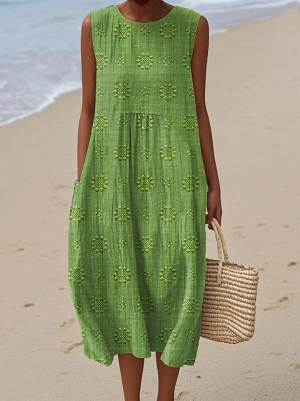 Women's Sleeveless Printed Midi Dress with Round Neck, Flower Green, view 10