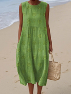 Women's Sleeveless Printed Midi Dress with Round Neck, Flower Green, view 10