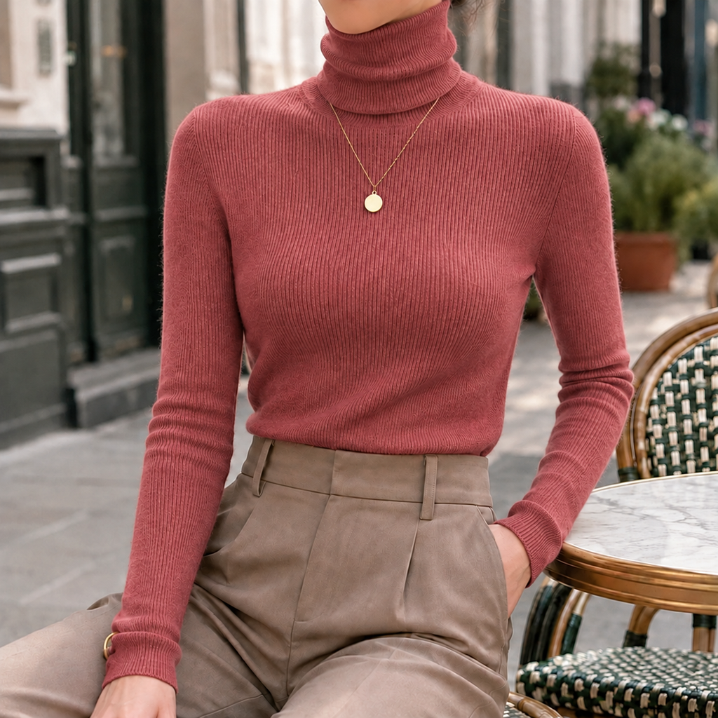 Women's Slim Fit Ribbed Turtleneck Jumper, Rosewood Blush, view 2