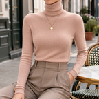 Women's Slim Fit Ribbed Turtleneck Jumper, Pink, view 3