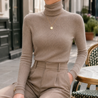 Women's Slim Fit Ribbed Turtleneck Jumper, Camel, view 6
