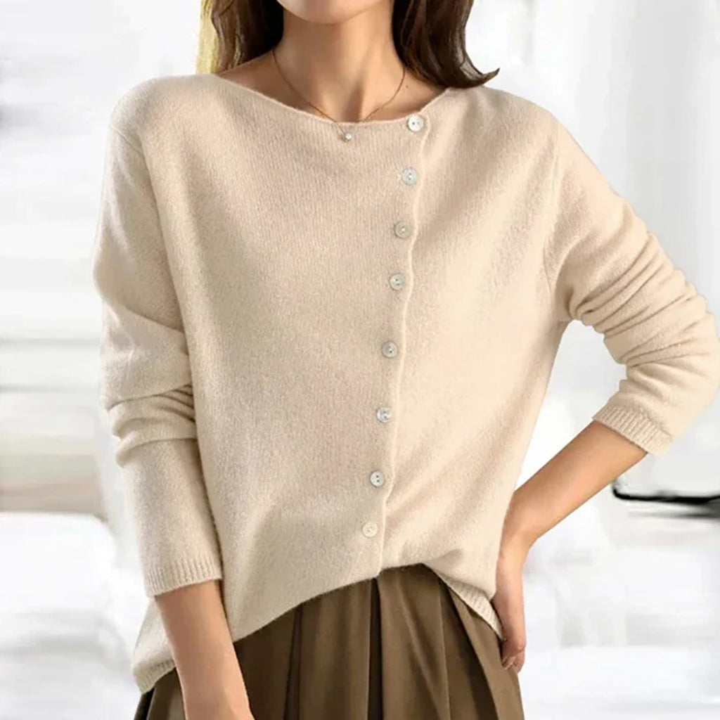 Women's Soft Knit Cardigan with Asymmetric Button Front, Beige, view 3