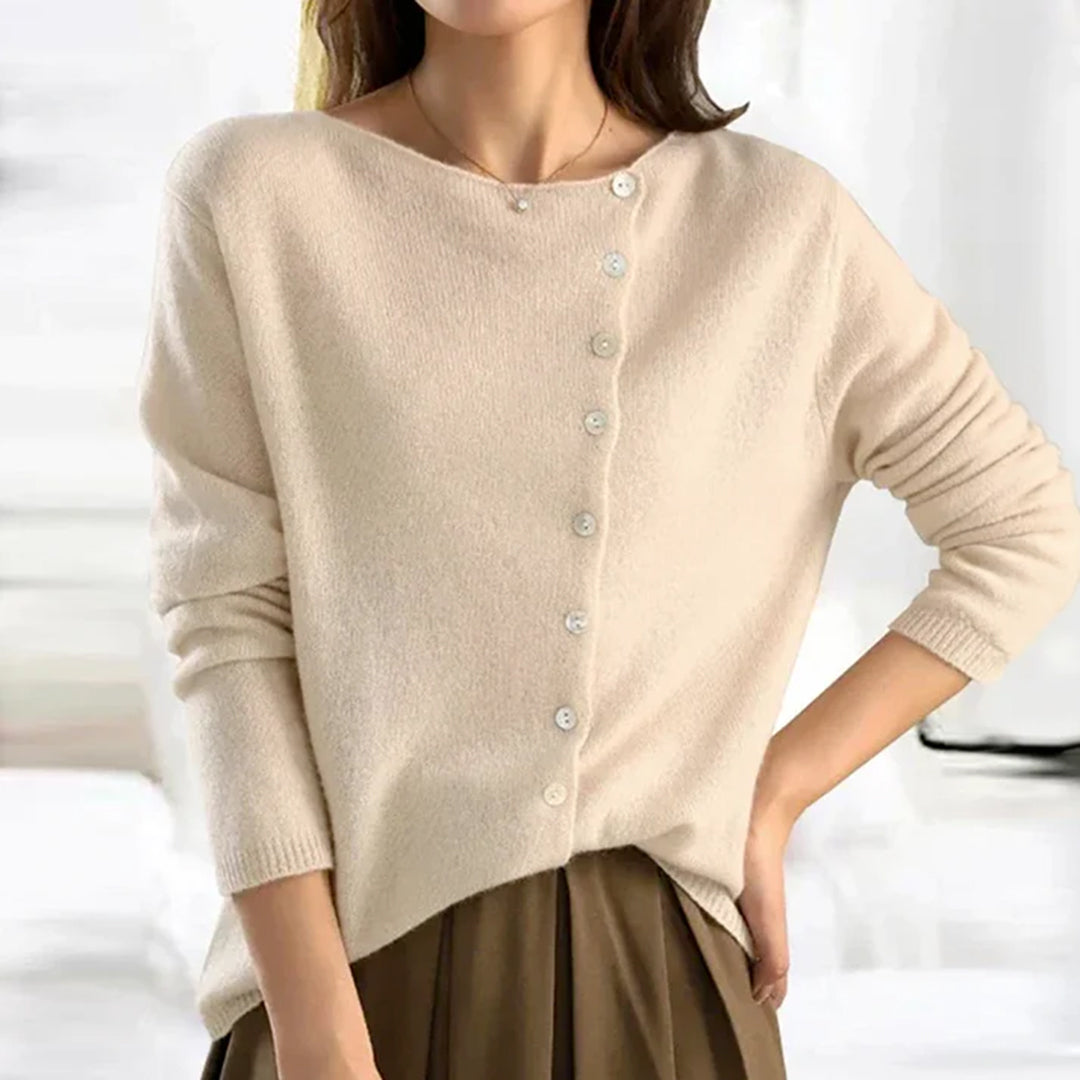 Women's Soft Knit Cardigan with Asymmetric Button Front, Beige, view 3