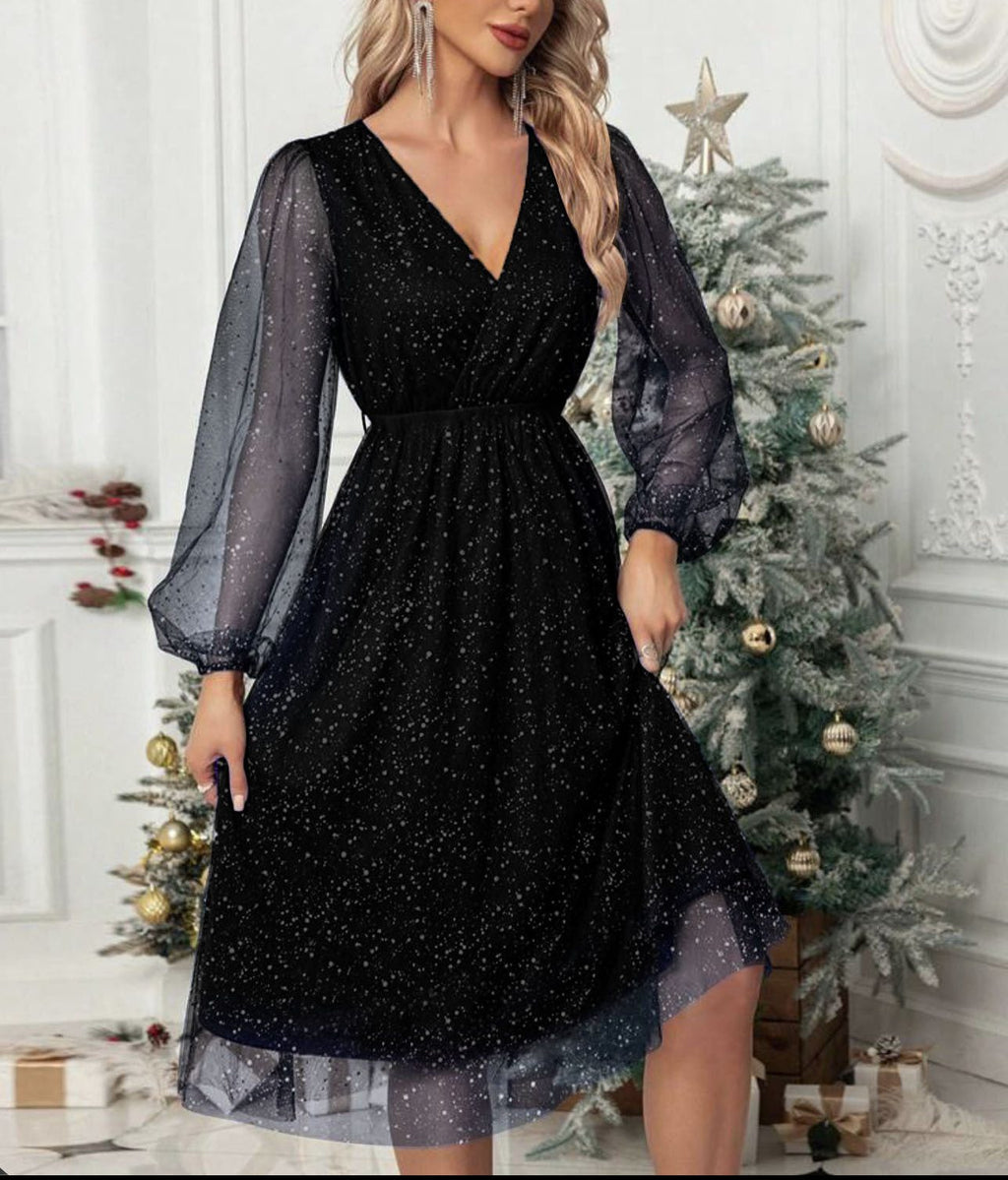 Women's Sparkle Midi Dress with Puff Sleeves and Layered Hem, Black, view 2